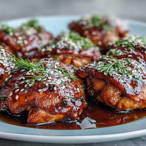 Glossy soy glazed chicken thighs, glistening with sweet, savory glaze, ready to serve.