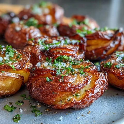 Golden, crispy smashed potatoes roasted with herbs, perfect as a satisfying side.