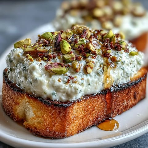 Whipped Ricotta Bruschetta: creamy ricotta, golden toast, sweet honey, crunchy pistachios topping.