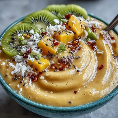 A vibrant Mango Chili Lime Smoothie Bowl topped with fresh fruit and granola.
