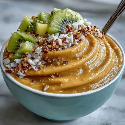 Close-up of a tropical Mango Chili Lime Smoothie Bowl, breakfast perfection.