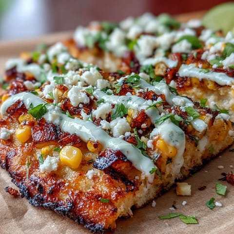 Charred corn and cotija fill this Cinco de Mayo Street Corn Flatbread with jalapeño crema.