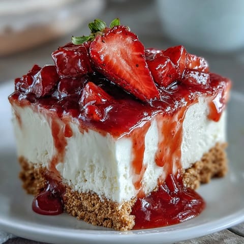 Creamy no-bake strawberry cheesecake with a graham crust, ready to be devoured.