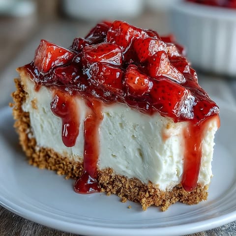 Luscious no-bake strawberry cheesecake, elegantly topped with fresh red fruit compote.