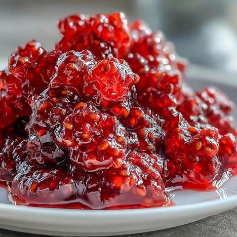 Glossy ruby-red Raspberry Lemon Chia Jam bursting with fresh fruit, ready to serve.