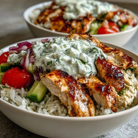 Greek Chicken Bowls piled high with vibrant veggies, creamy tzatziki, and hummus.