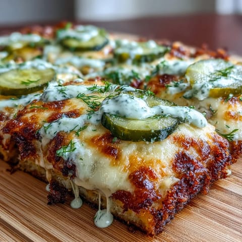 Pickle Pizza Flatbread with gooey cheese and vibrant pickles, drizzled with garlic ranch.