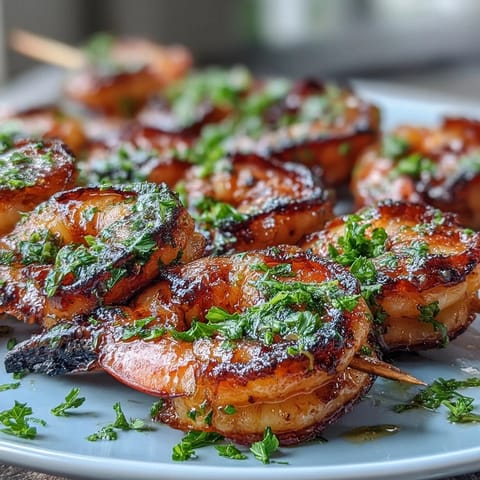 Juicy grilled honey garlic shrimp skewers sizzle on the grill, a perfect summer meal starter.