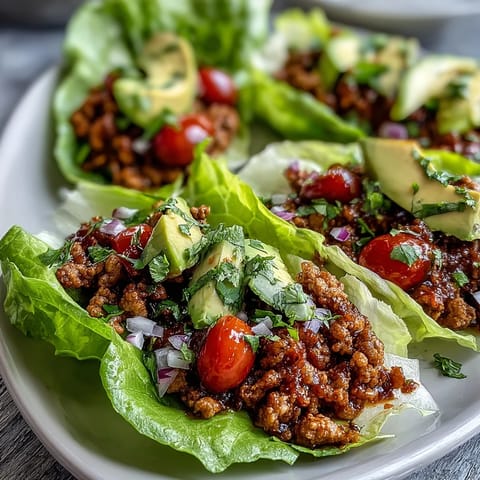 Juicy ground turkey taco filling nestled in crisp lettuce cups, ideal for low carb meals.