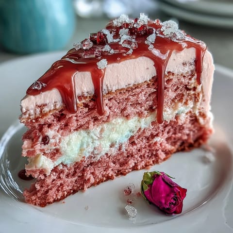 Delicate rosé velvet cake, frosted, with a luxurious edible gold accent.