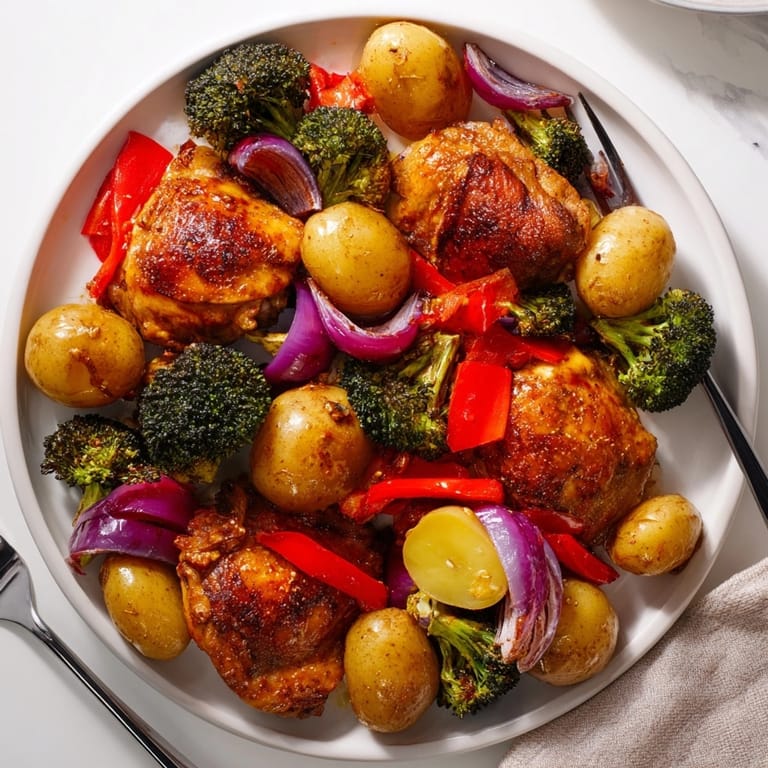 Juicy Honey Lemon Roasted Chicken Sheet Pan dinner, glistening with caramelized glaze and fresh herb garnish.