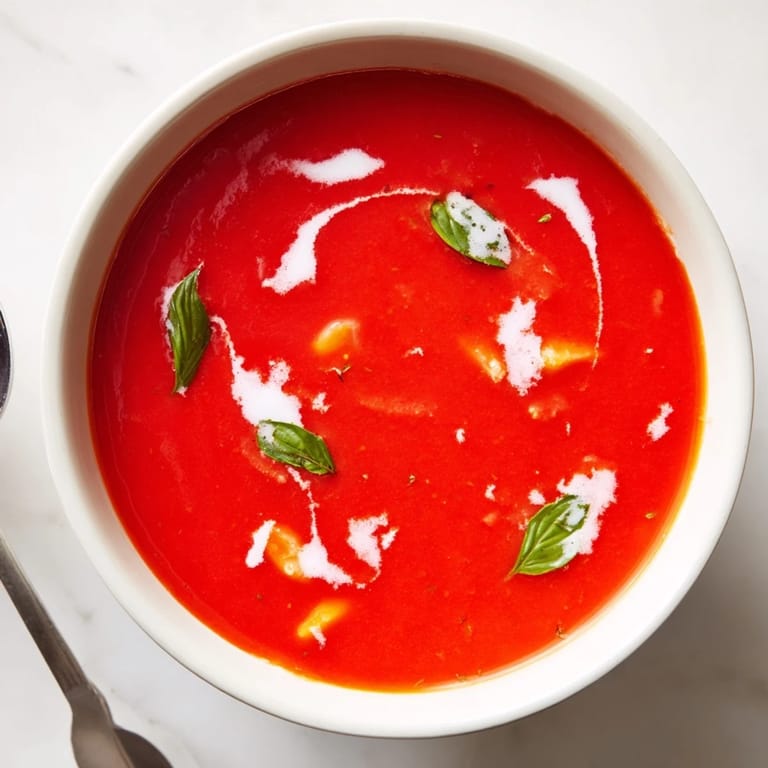 Homemade tomato and basil soup, a vibrant red hue with subtle hints of aromatic herbs.