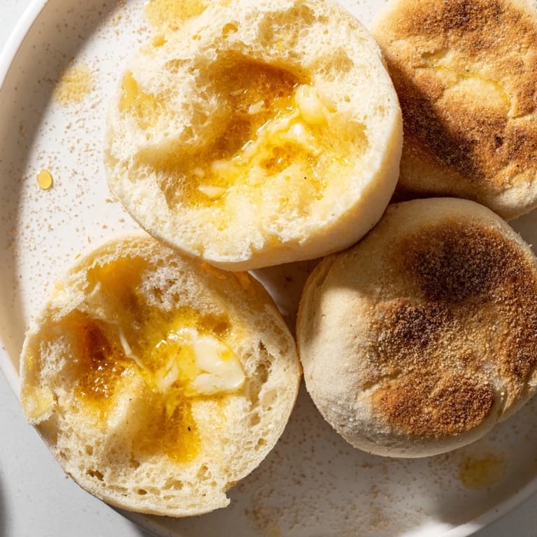 Enjoy toasted sheet pan English muffins, split open to reveal ideal nooks, slathered in butter.