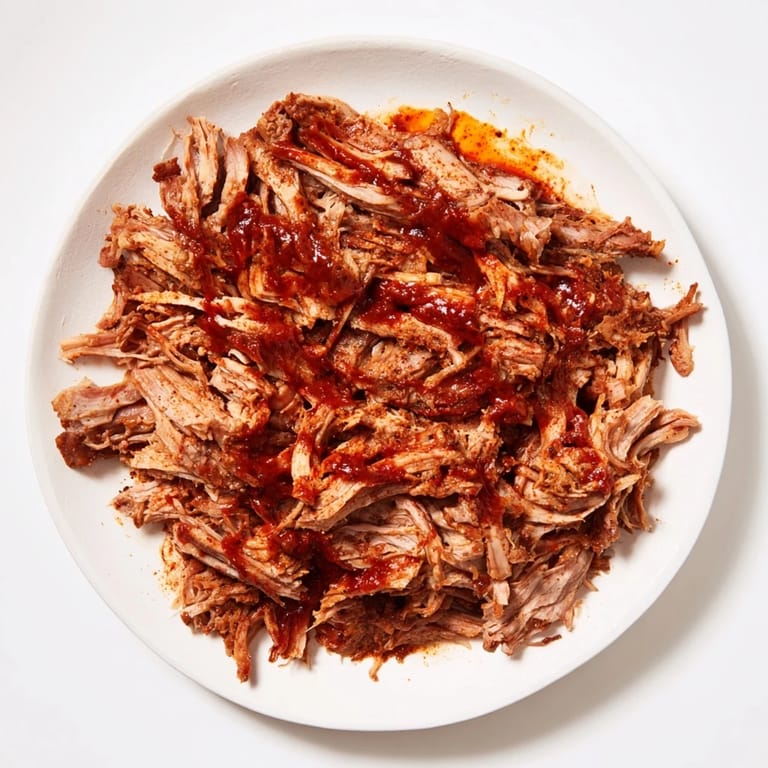 A close-up of slow-cooked 5-Ingredient BBQ Pulled Pork, delicious and ready to be served on a bun.