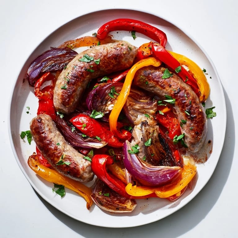 Vibrant sheet pan Italian sausage with roasted peppers and onions, garnished with fresh parsley, looks delicious.