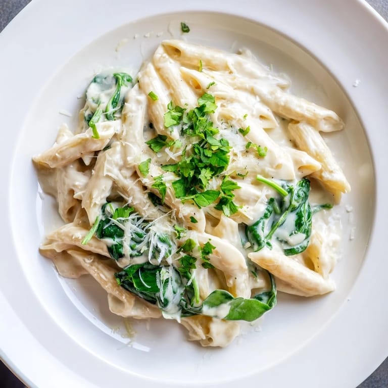 Close-up of the delicious Magic Casserole showcasing tender pasta, rich sauce, and fresh spinach.