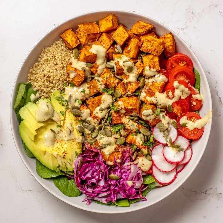 Wholesome Complete Veggie Bowl: Fresh spinach topped with sweet potatoes, vibrant veggies, and flavorful quinoa.