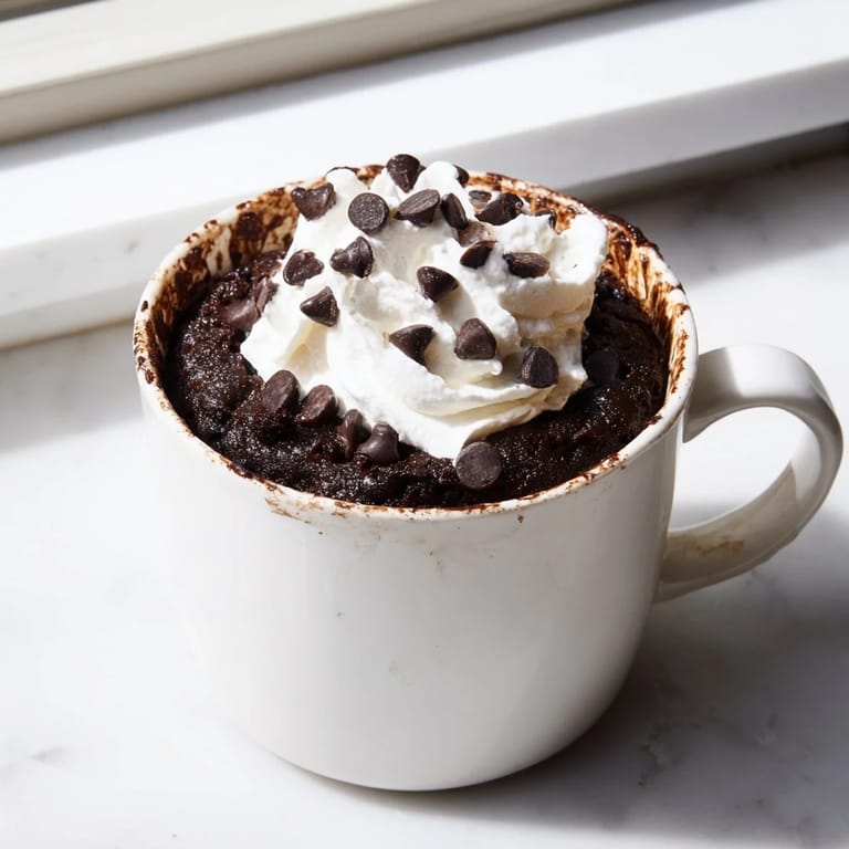 Warm, fluffy chocolate mug cake, topped with creamy whipped cream – a simple microwave treat.
