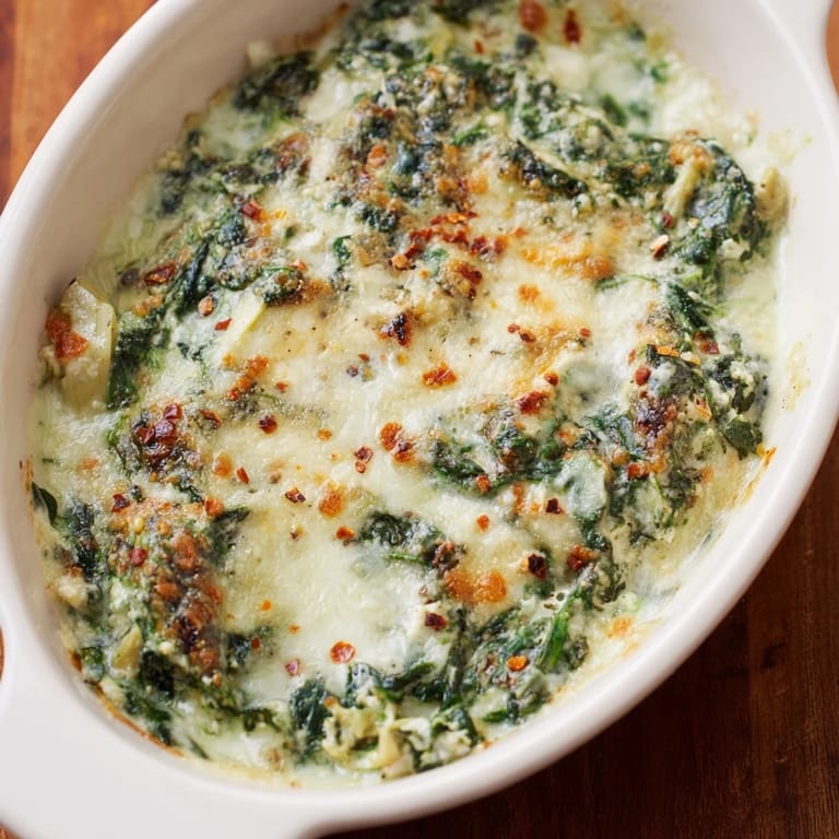 Close-up of creamy, cheesy Warm Spinach and Artichoke Dip, ready to be scooped and devoured.
