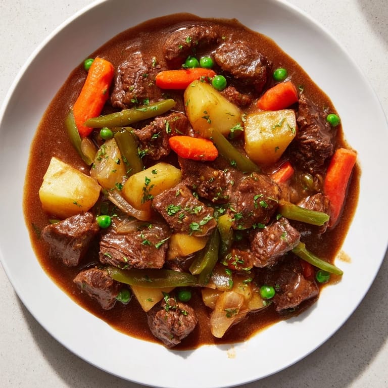 Close-up of a bubbling pressure cooker beef and vegetable stew filled with chunky, flavorful ingredients.