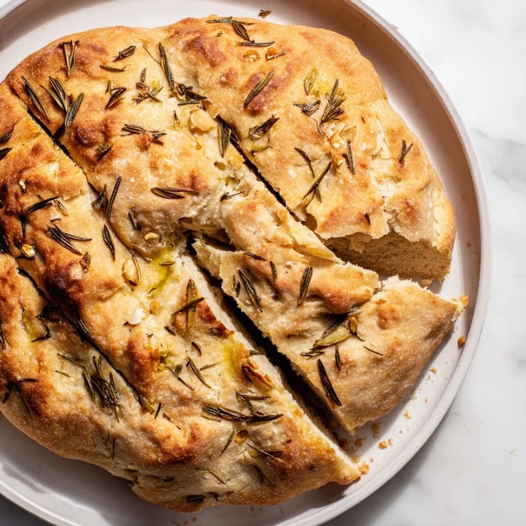Freshly baked Yeast-Free Garlic and Rosemary Bannock Bread, a rustic, fragrant flatbread, perfect for dipping.