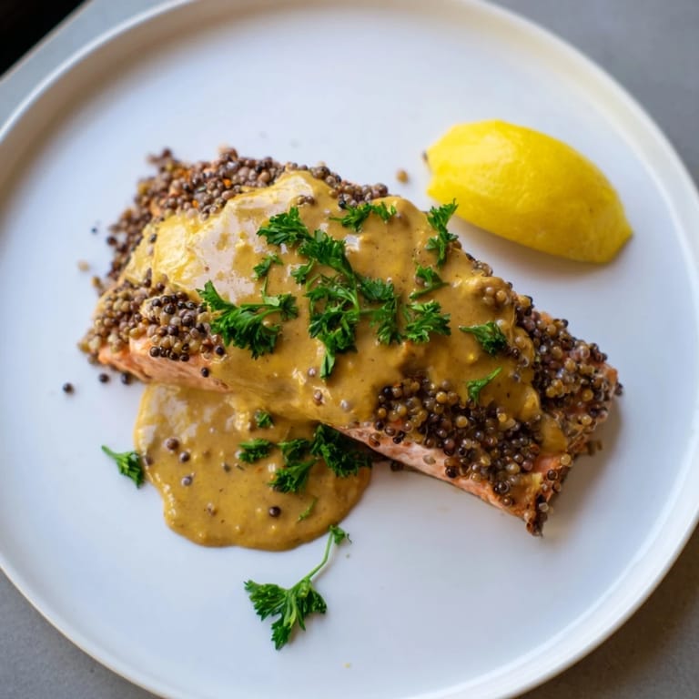 Broiled Honey Mustard Glazed Salmon features a rich, shiny sauce over flaky pink fish, ready to eat.