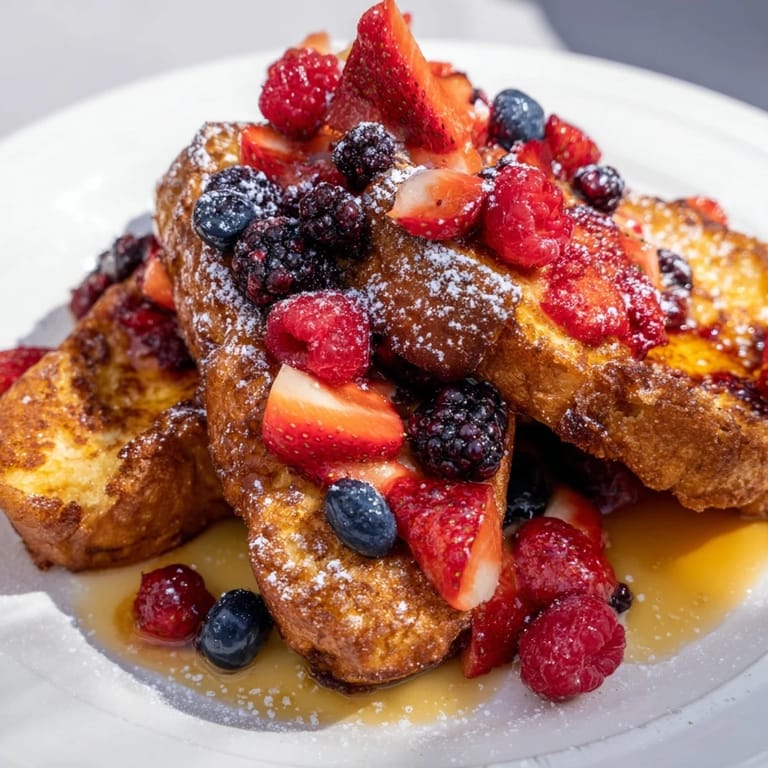 Homemade French toast, complete with fresh berries and maple, ready for a delicious brunch spread.