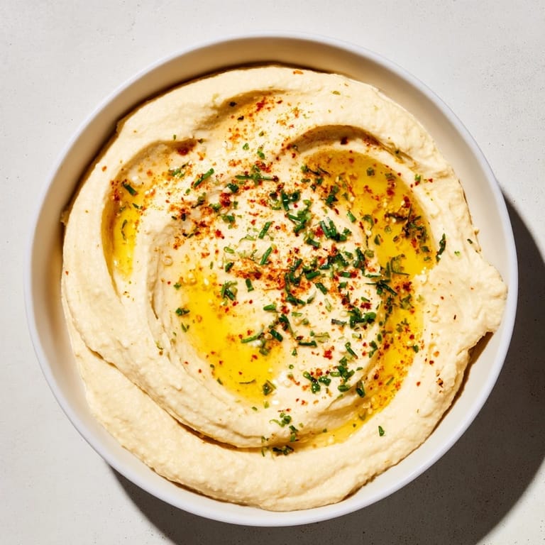 Freshly made Perfect 5-Minute Homemade Hummus, its texture smooth, ready for dipping with warm pita bread.