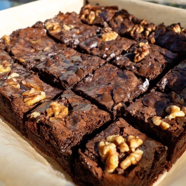 Close-up of golden-brown fudgy walnut brownies with visible, crunchy nut pieces.