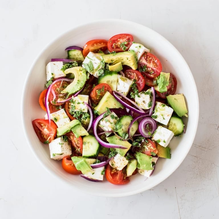 This Fresh Salad showcases juicy tomatoes, creamy avocado, topped with crumbled feta cheese in a bowl.