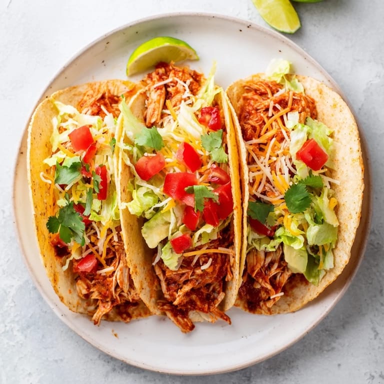 A close-up shot of slow cooker shredded chicken tacos, perfectly seasoned and ready for your next meal.