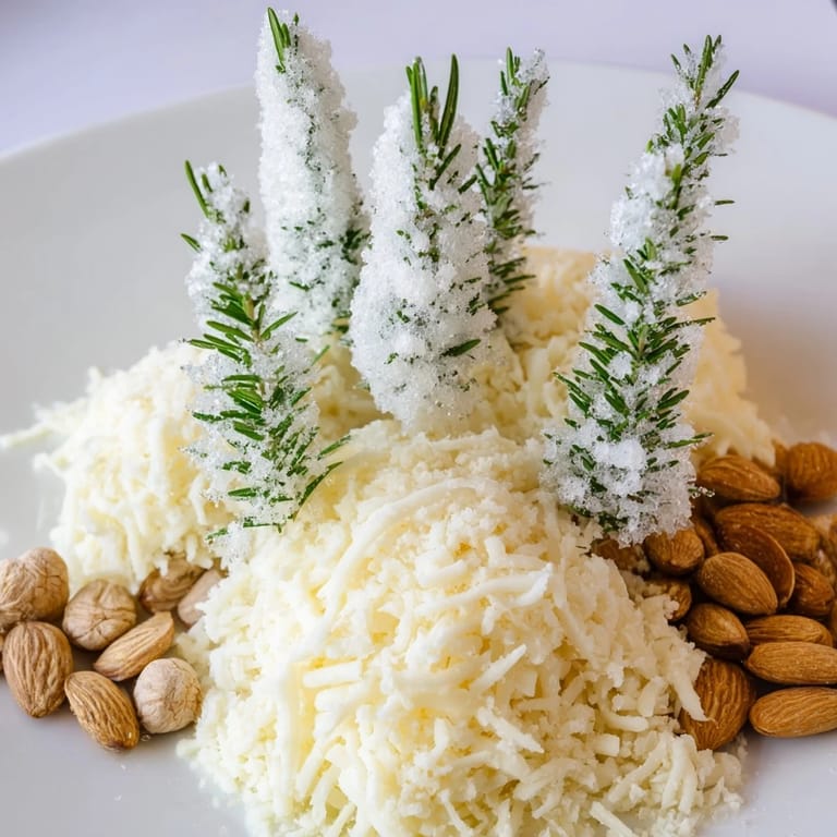 Close-up of The Frosted Pine cheese platter, featuring fluffy white cheddar and sugared rosemary sprigs.