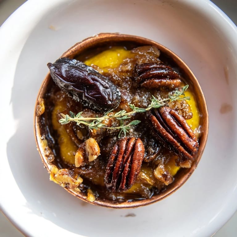 Rustic Copper Kettle appetizer: the warm pecan and date topping contrasts the rich onion jam.