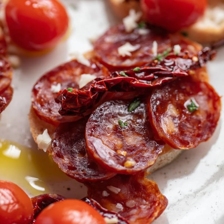A vibrant Crimson Tide appetizer, elegantly arranged with alternating chorizo and cherry slices.