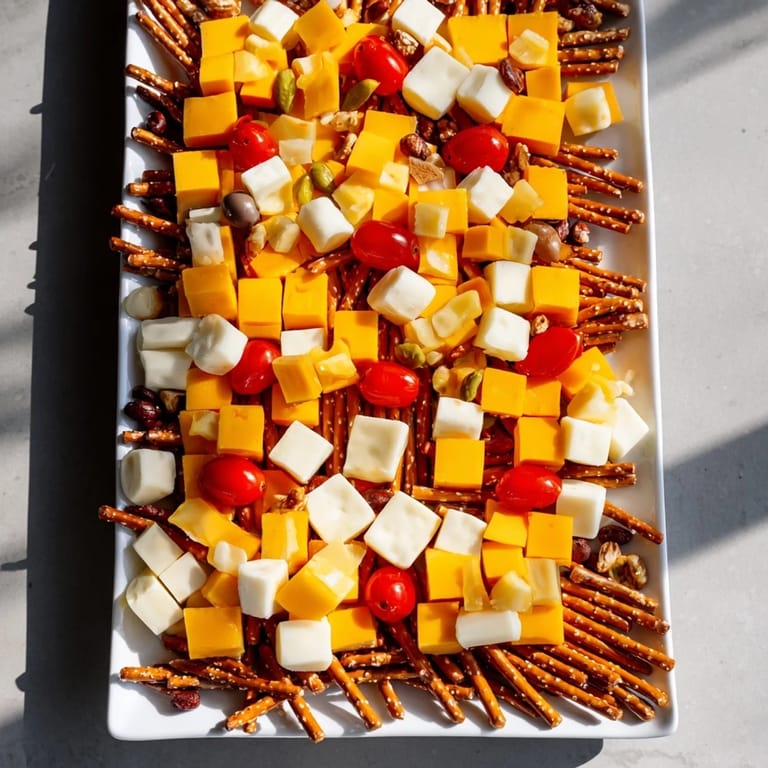 Delicious The Urban Grid appetizer with cubed cheeses, sliced meats, and fresh vegetables artfully arranged.