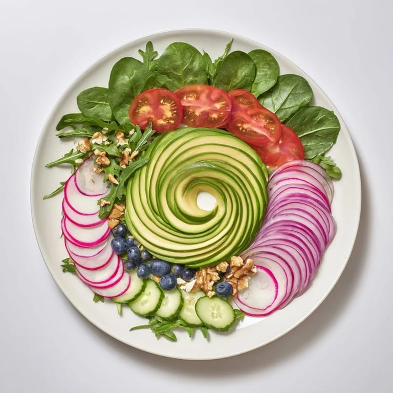 A beautifully arranged Fibonacci Fan Salad with avocado and walnuts, perfect for a light lunch.