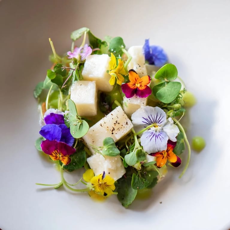 Discover The Secret Garden: a visually stunning appetizer featuring cheese tucked amongst microgreens and blossoms.