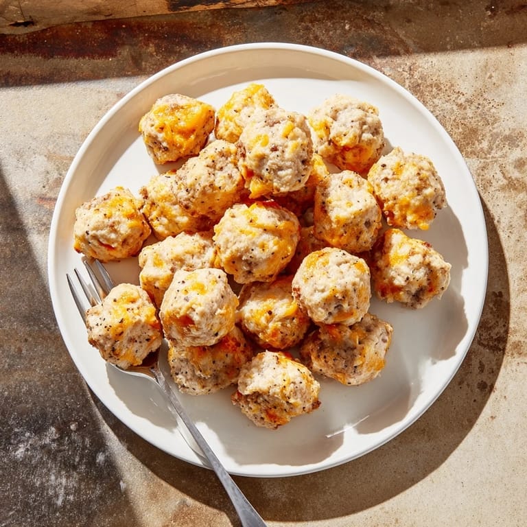 A platter of cheesy Chicken and Sausage Bisquick Balls, lightly crisped and ready to serve at your gathering.