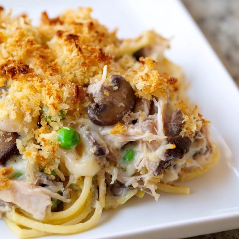 A flavorful and rich casserole of Turkey Tetrazzini, featuring tender turkey and savory mushrooms.