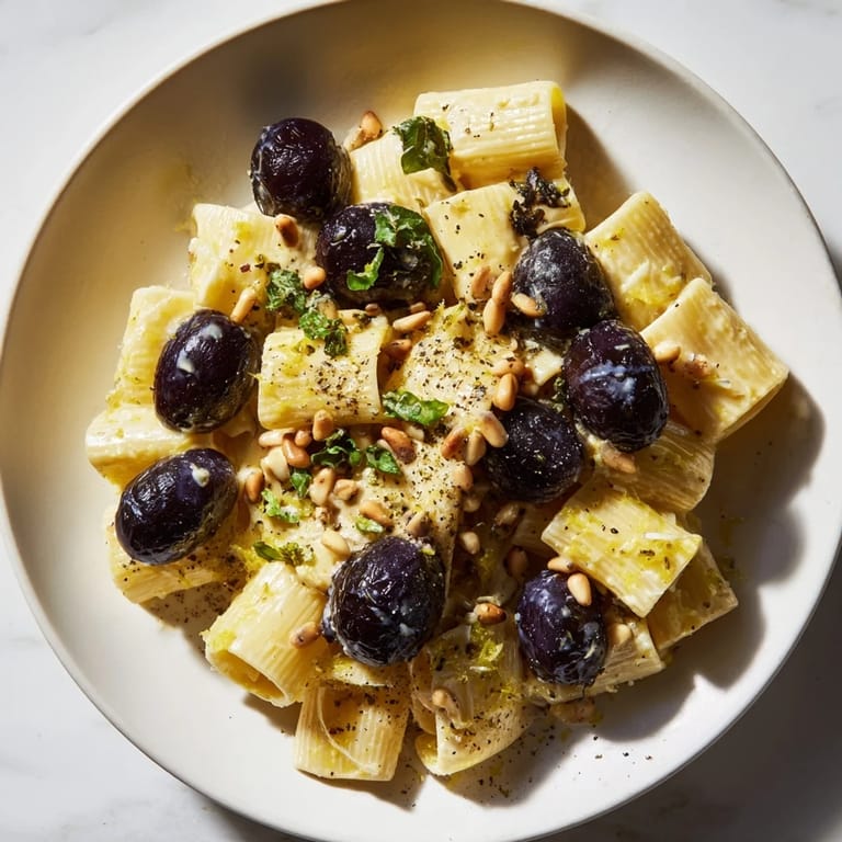 A stunning close-up of Pasta with Roasted Grapes and Ricotta, ready to be enjoyed.