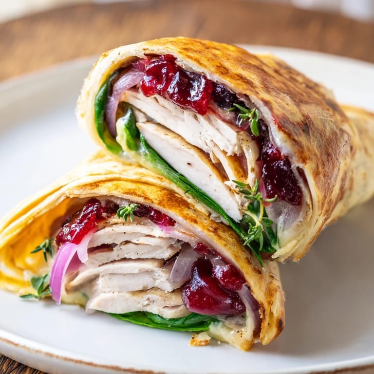 Delicious Chicken and Brie Holiday Wrap, showcasing a perfectly rolled wrap with oozing brie and cranberry sauce.