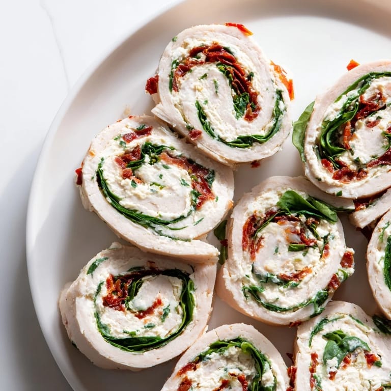 A close-up of delicious sun-dried tomato turkey roll-ups, filled with fresh spinach and herbs, ideal for lunch.