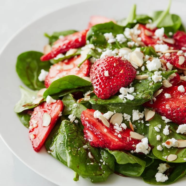 Bright, sweet strawberries and creamy feta topping a vibrant strawberry spinach salad dish.