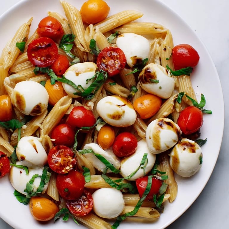 Fresh Caprese Pasta Salad, ready to serve, shows colorful tomatoes and basil atop pasta.