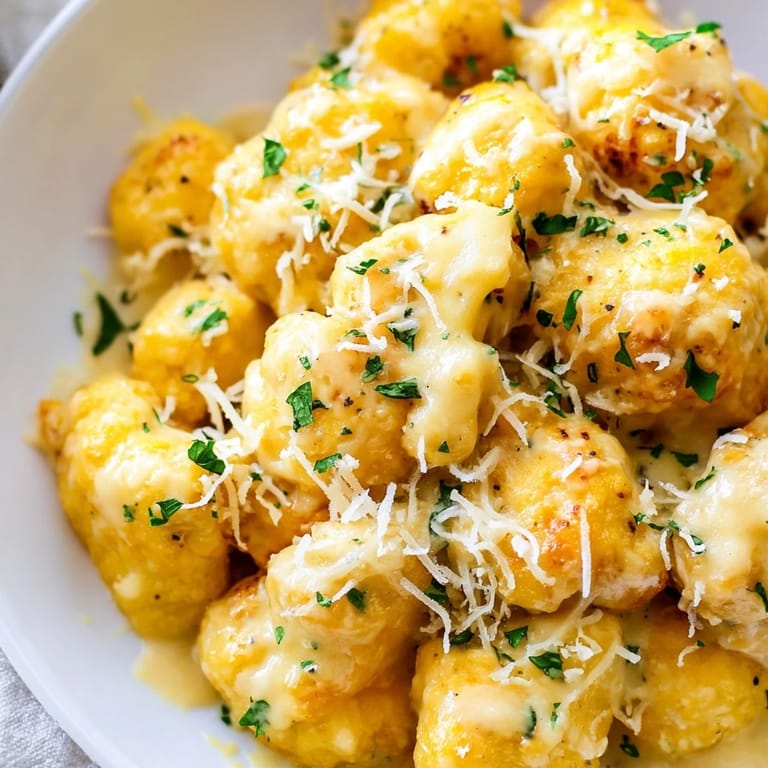 A close-up of creamy Cheesy Cauliflower Mac with melted cheese and tender cauliflower florets in view.