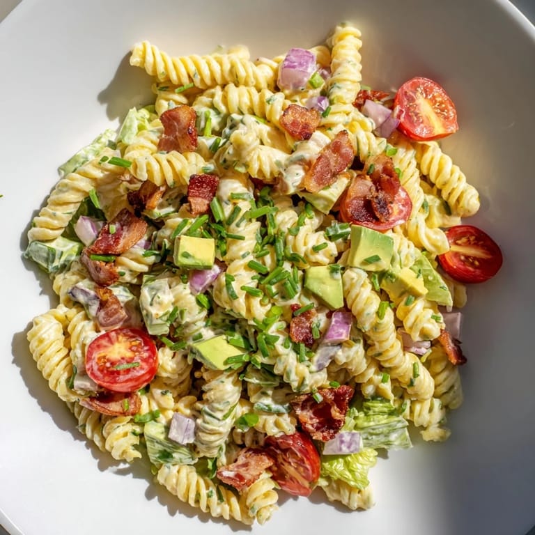 Tempting close-up of BLT Pasta Salad: a refreshing mix of flavors and textures, ready to eat.