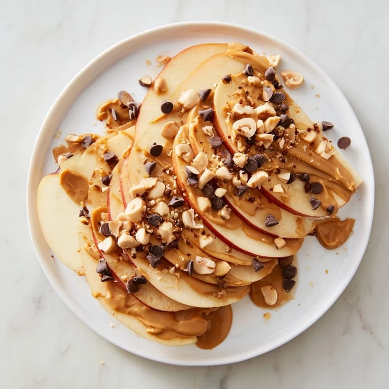 Sweet and crunchy Peanut Butter Apple Nachos recipe, showcasing nuts and honey topping apples.