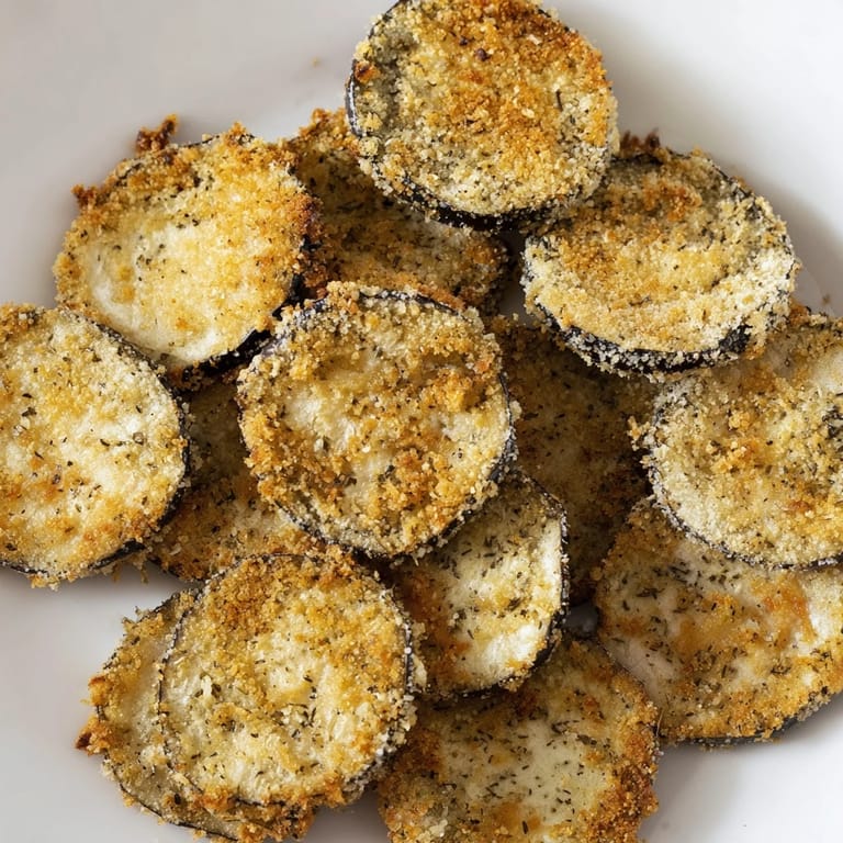 A close-up of crispy Eggplant Parmesan Chips, showing the texture of the breading and inviting flavors.