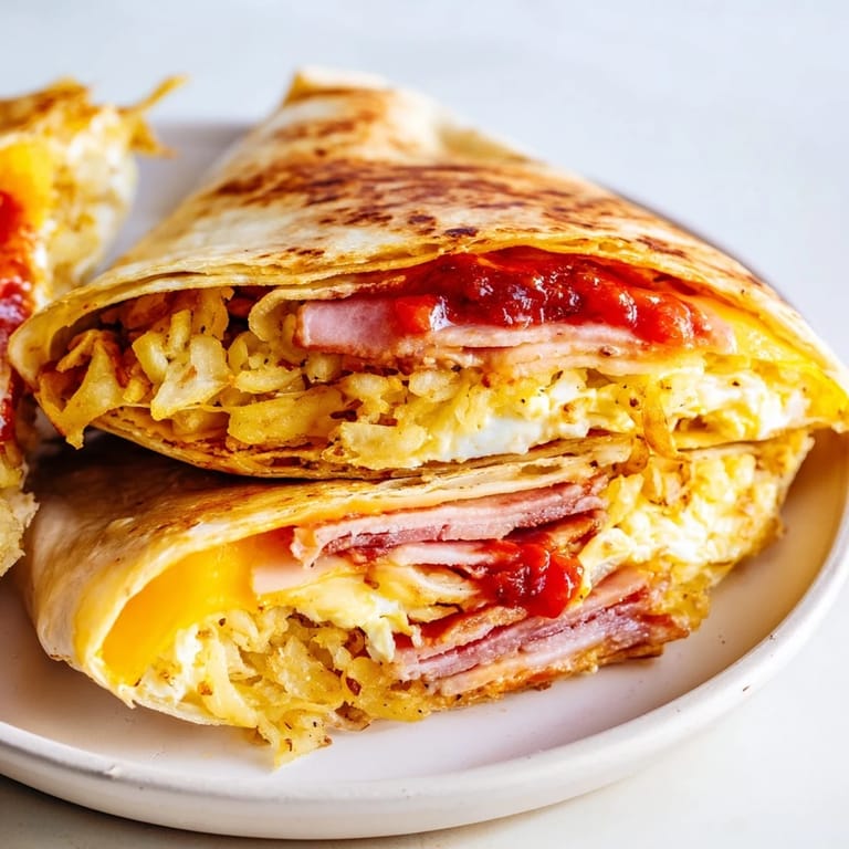 A folded Breakfast Crunchwrap Hack, showing layers of eggs, savory fillings, and a golden tortilla exterior.