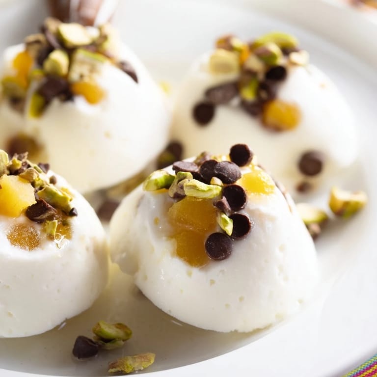 A close-up of Frozen Peach Yogurt Bites, creamy texture, garnished with optional chocolate chips and nuts.